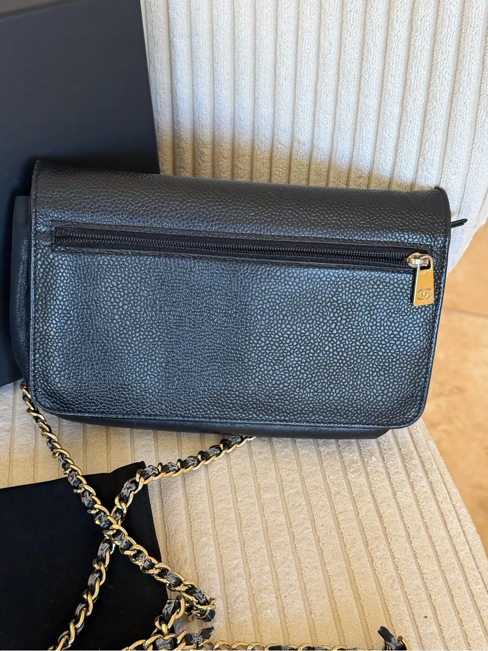Vintage CHANEL caviar leather bag, suede dust bag, box and authenticity card 8x5